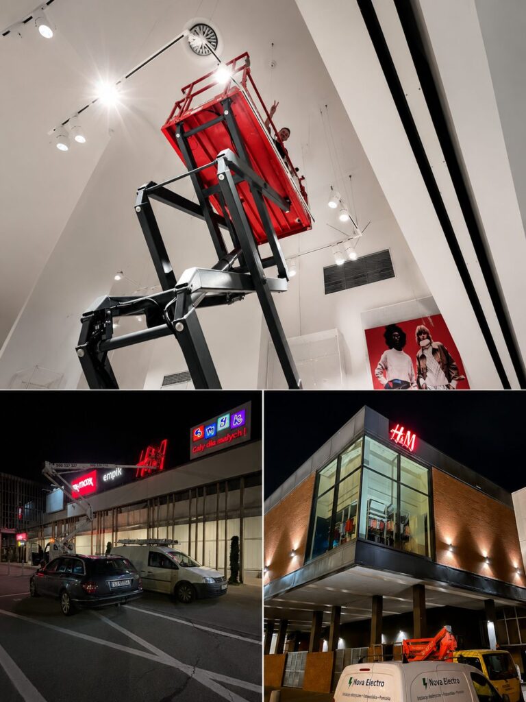 Nocne prace elektryczne w galerii handlowej - montaż oświetlenia i szyldów H&M, TK Maxx