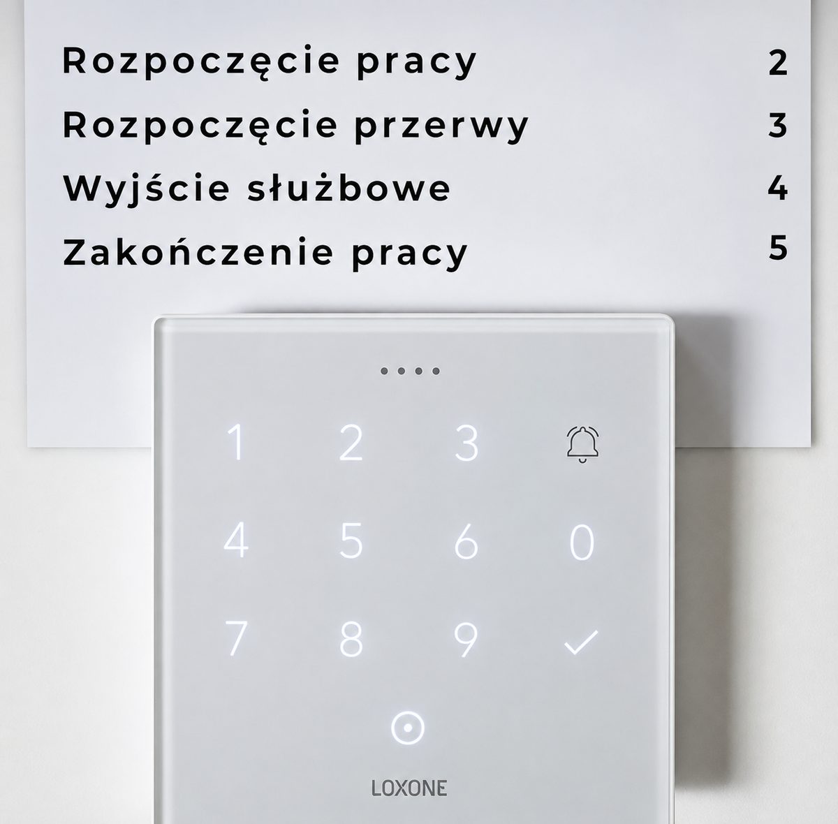 Klawiatura NFC Code Touch z legendą rejestracji czasu pracy